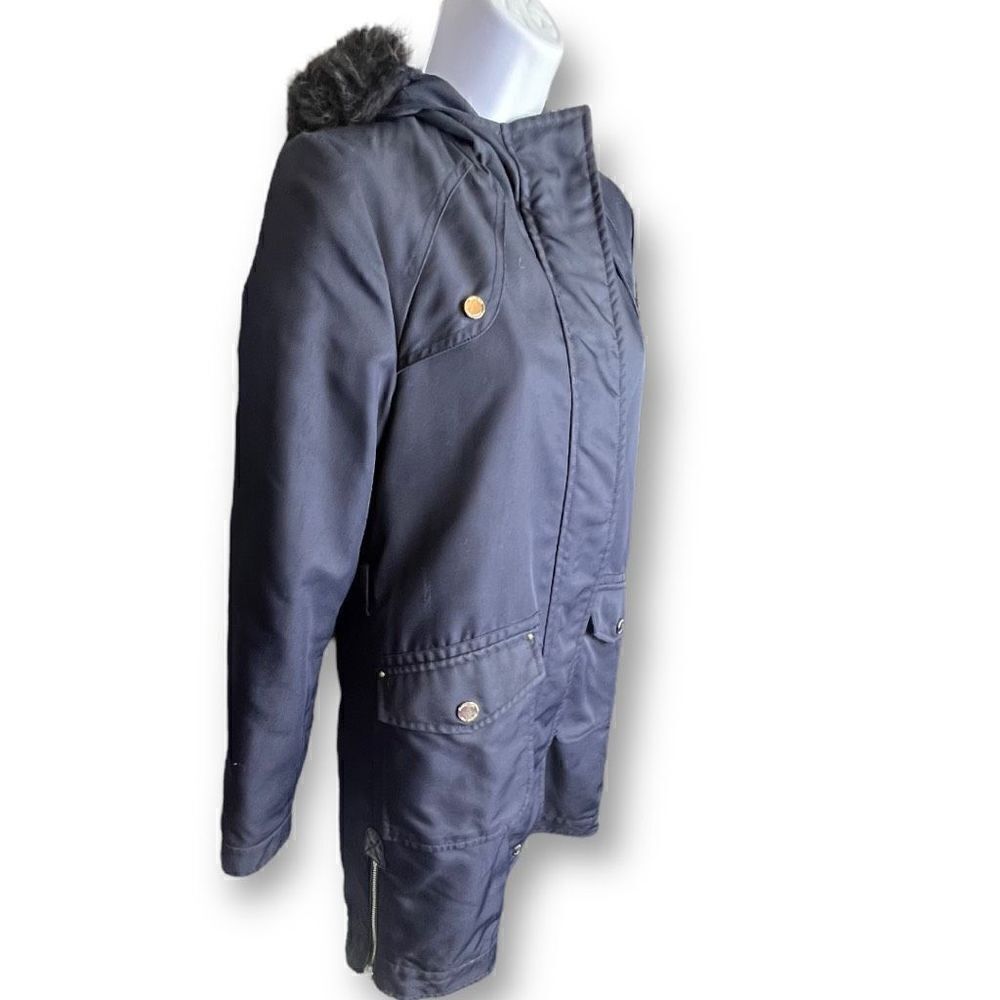 Massimo Dutti Navy Winter Coat Women Sz xSmall Faux Fur Trim Hoodie